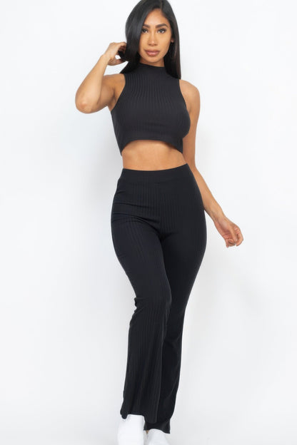 Ribbed Mock Neck Crop Tank Top &amp; Bootcut Pants Set