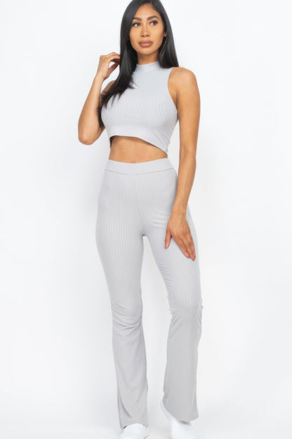 Ribbed Mock Neck Crop Tank Top &amp; Bootcut Pants Set