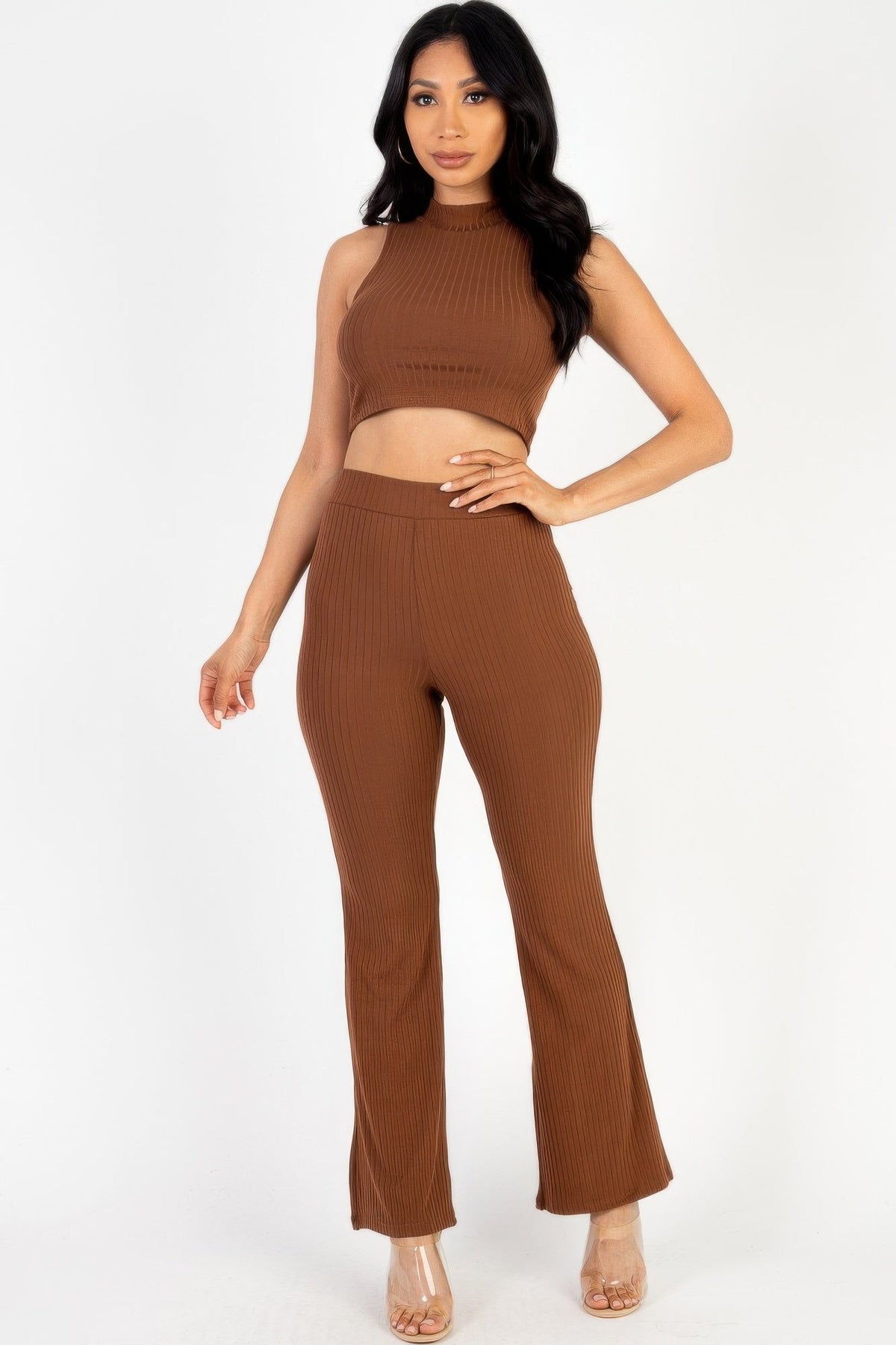 Ribbed Mock Neck Crop Tank Top &amp; Bootcut Pants Set