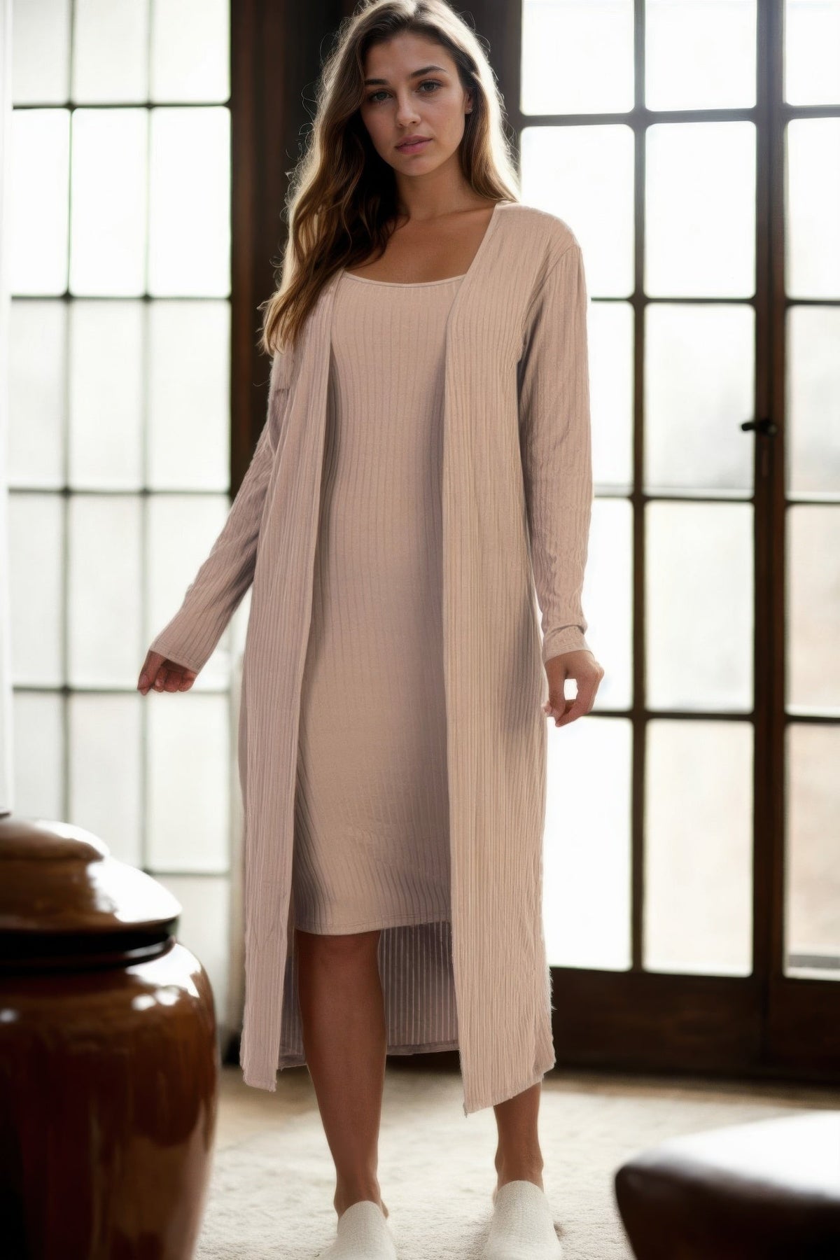 Ribbed Cardigan &amp; Cami Midi Bodycon Dress