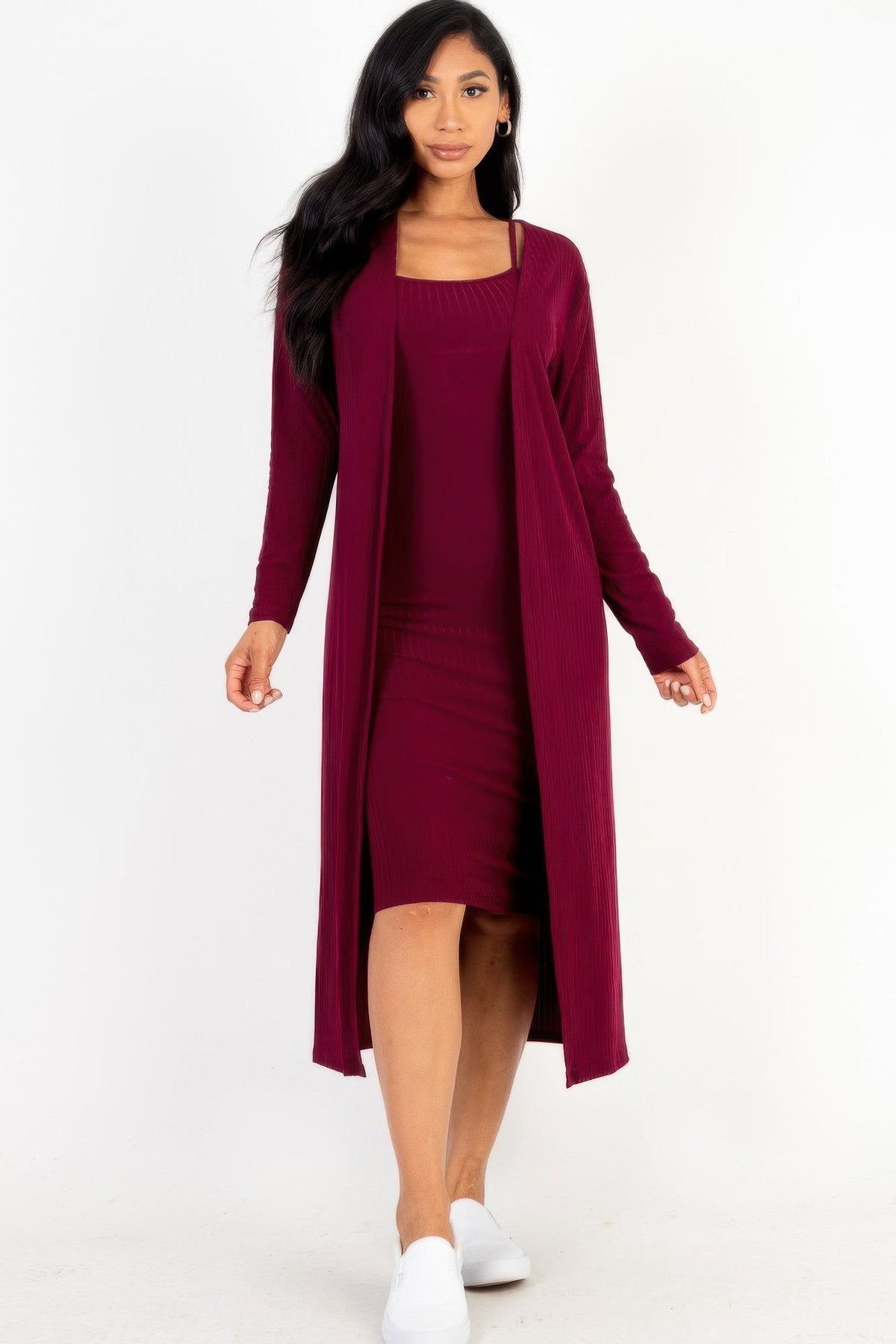 Ribbed Cardigan &amp; Cami Midi Bodycon Dress