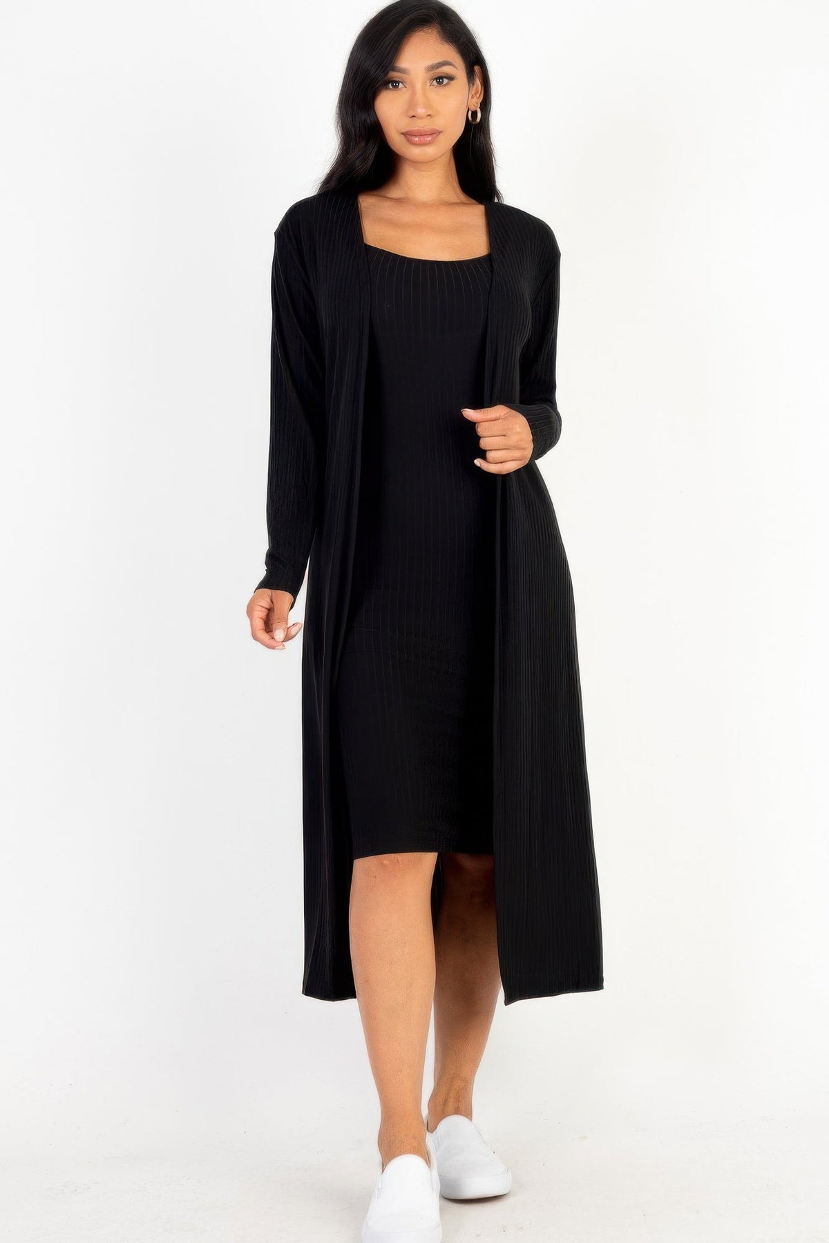 Ribbed Cardigan &amp; Cami Midi Bodycon Dress