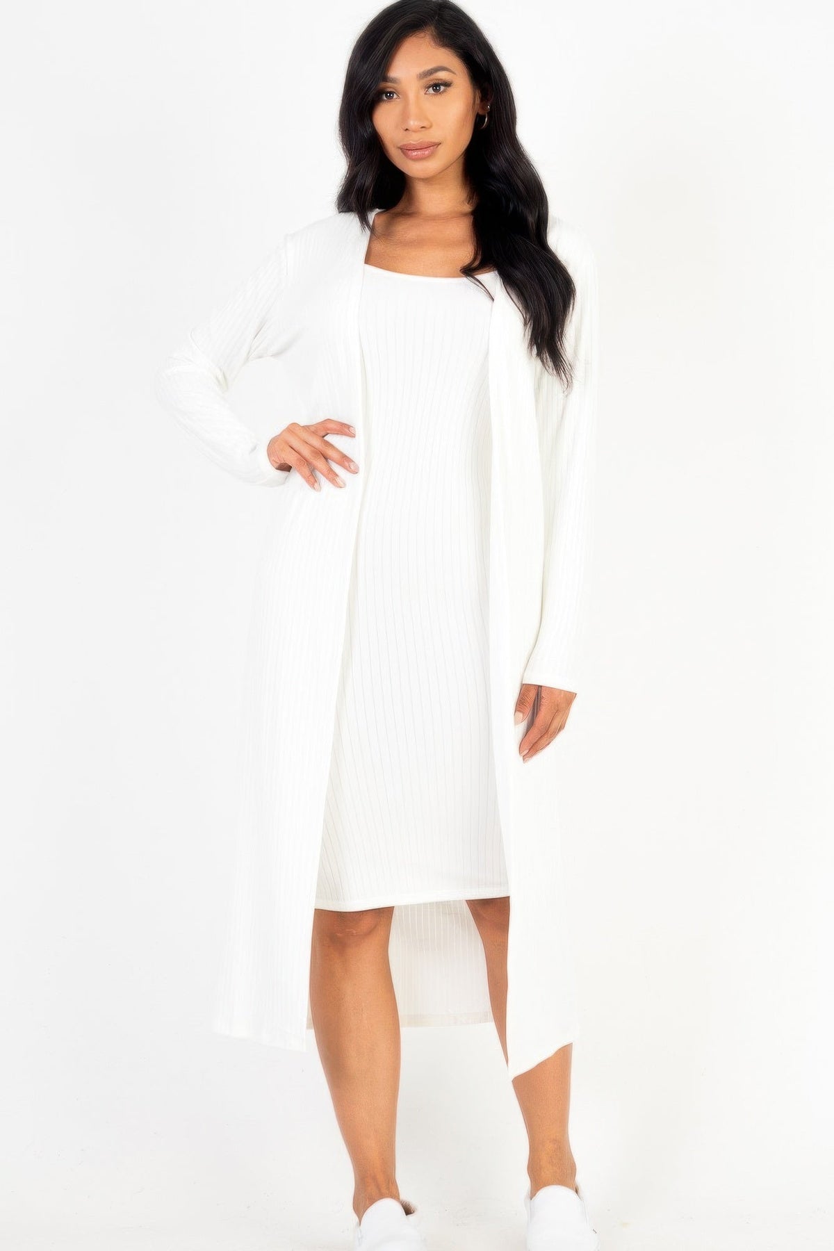 Ribbed Cardigan &amp; Cami Midi Bodycon Dress