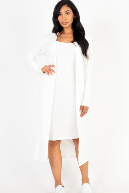 Ribbed Cardigan &amp; Cami Midi Bodycon Dress