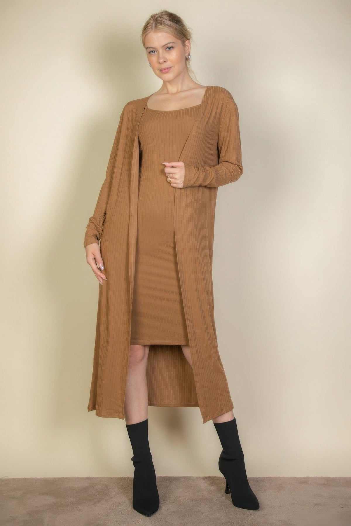 Ribbed Cardigan &amp; Cami Midi Bodycon Dress