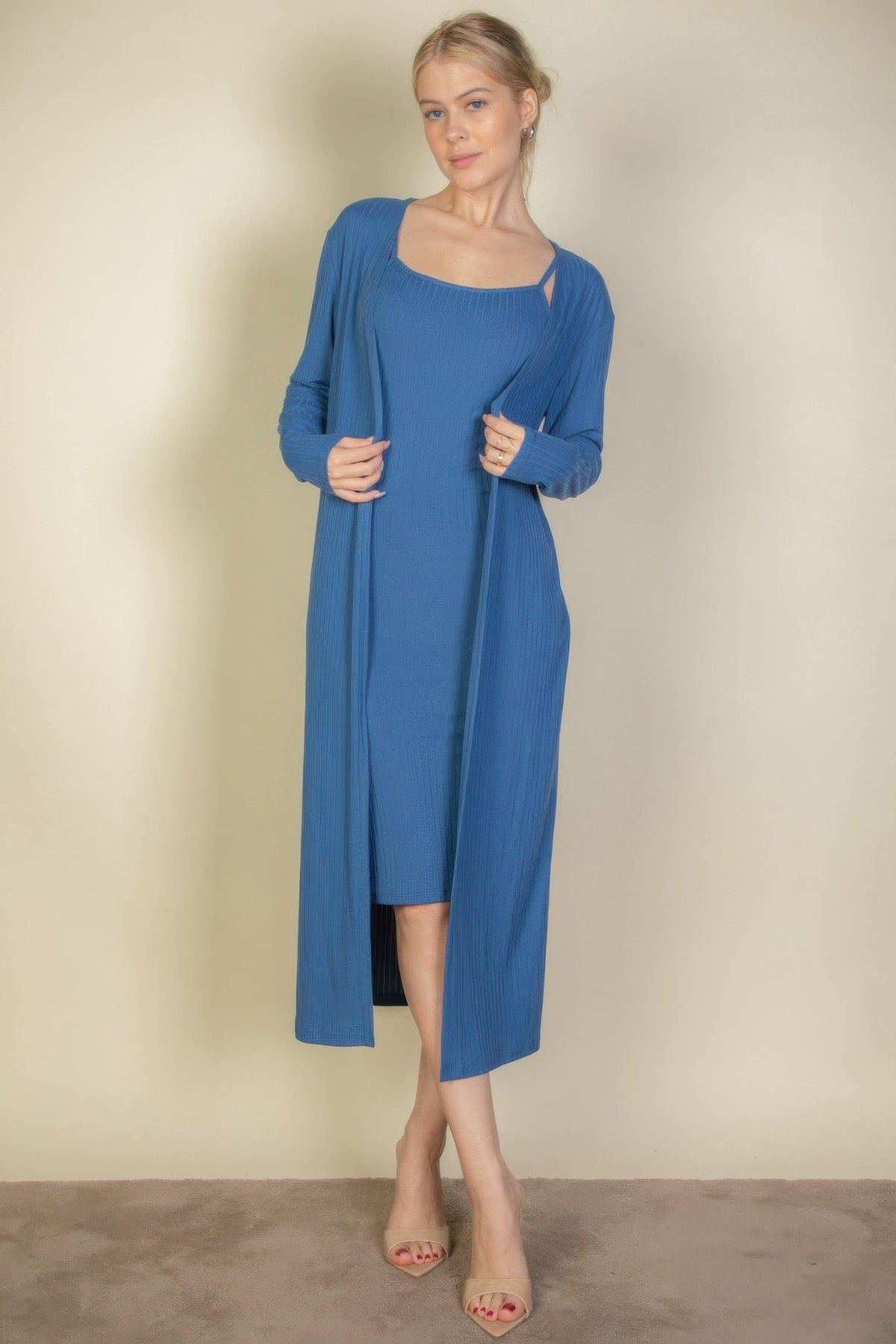Ribbed Cardigan &amp; Cami Midi Bodycon Dress