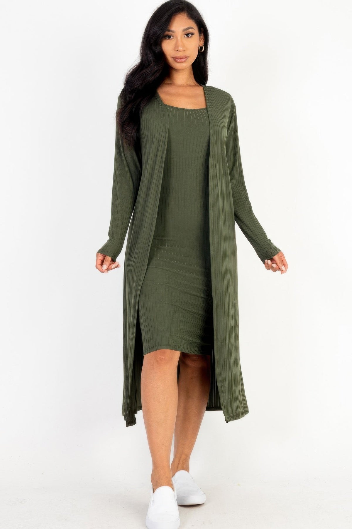 Ribbed Cardigan &amp; Cami Midi Bodycon Dress