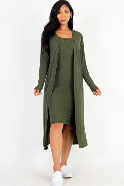 Ribbed Cardigan &amp; Cami Midi Bodycon Dress