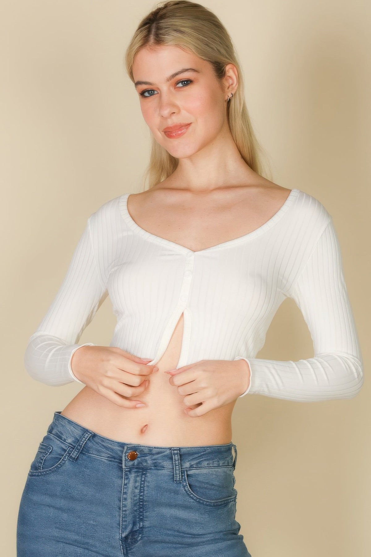 Ribbed Button Front Split Long Sleeve Top