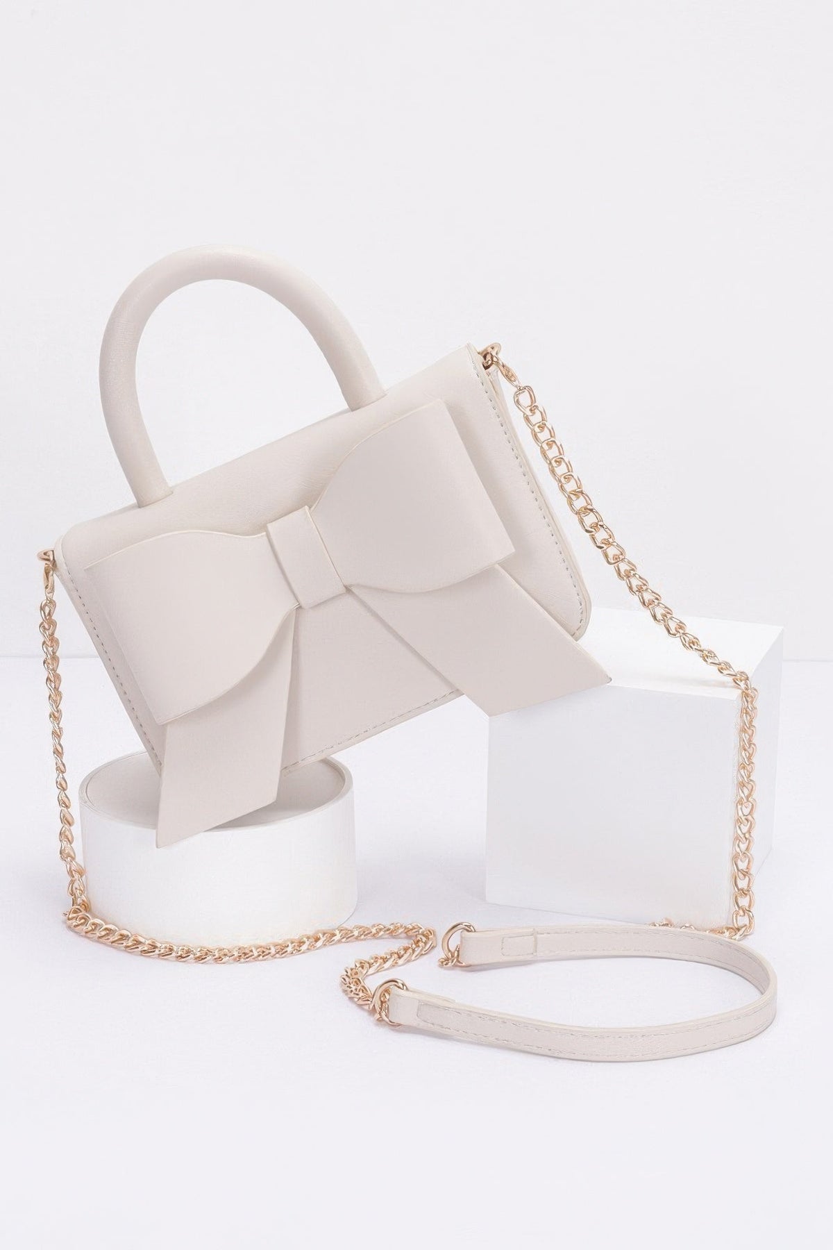 Faux Leather Ribbon Top Handle Bag