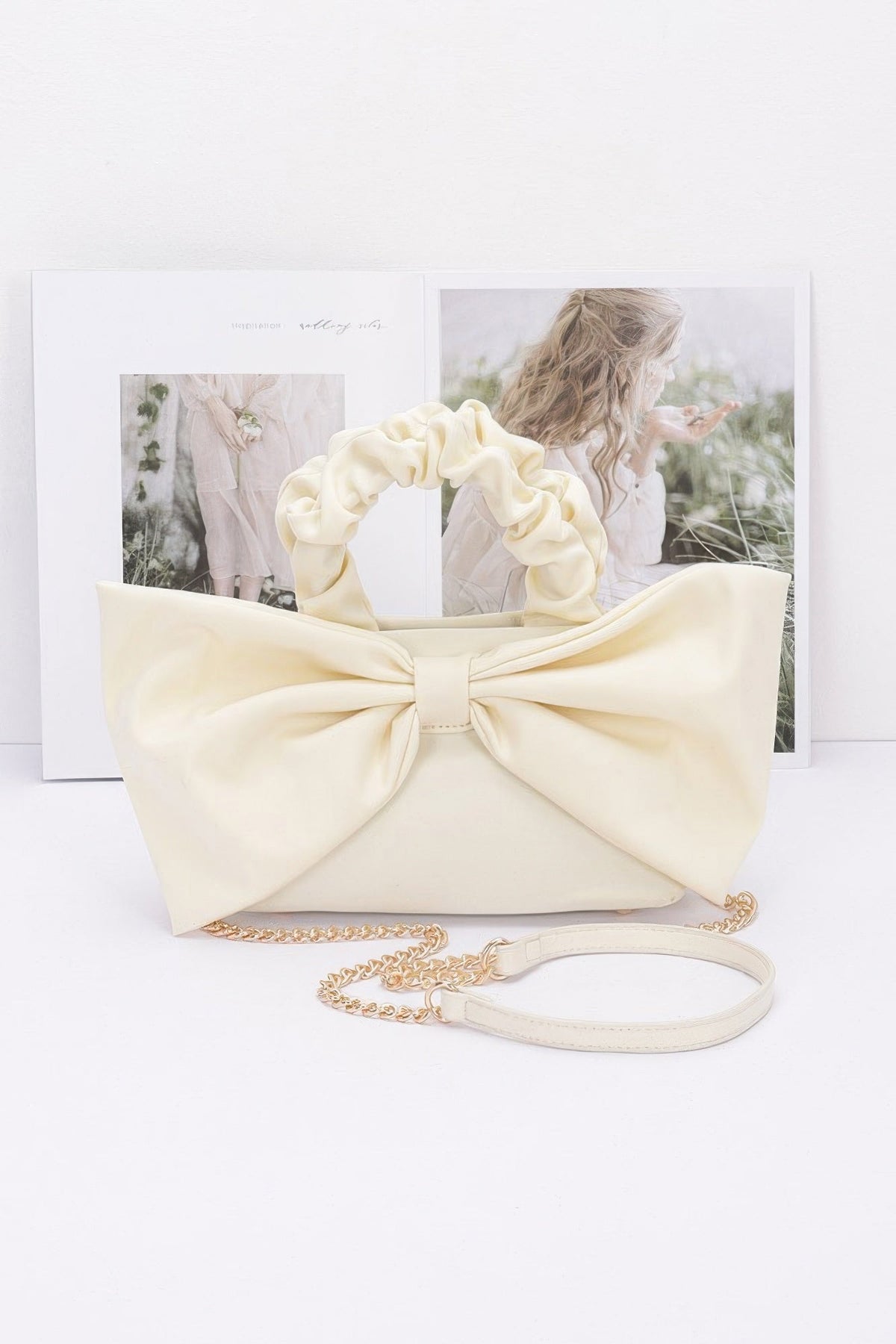 Nylon Top Handle Bag With Bow Front Clutch
