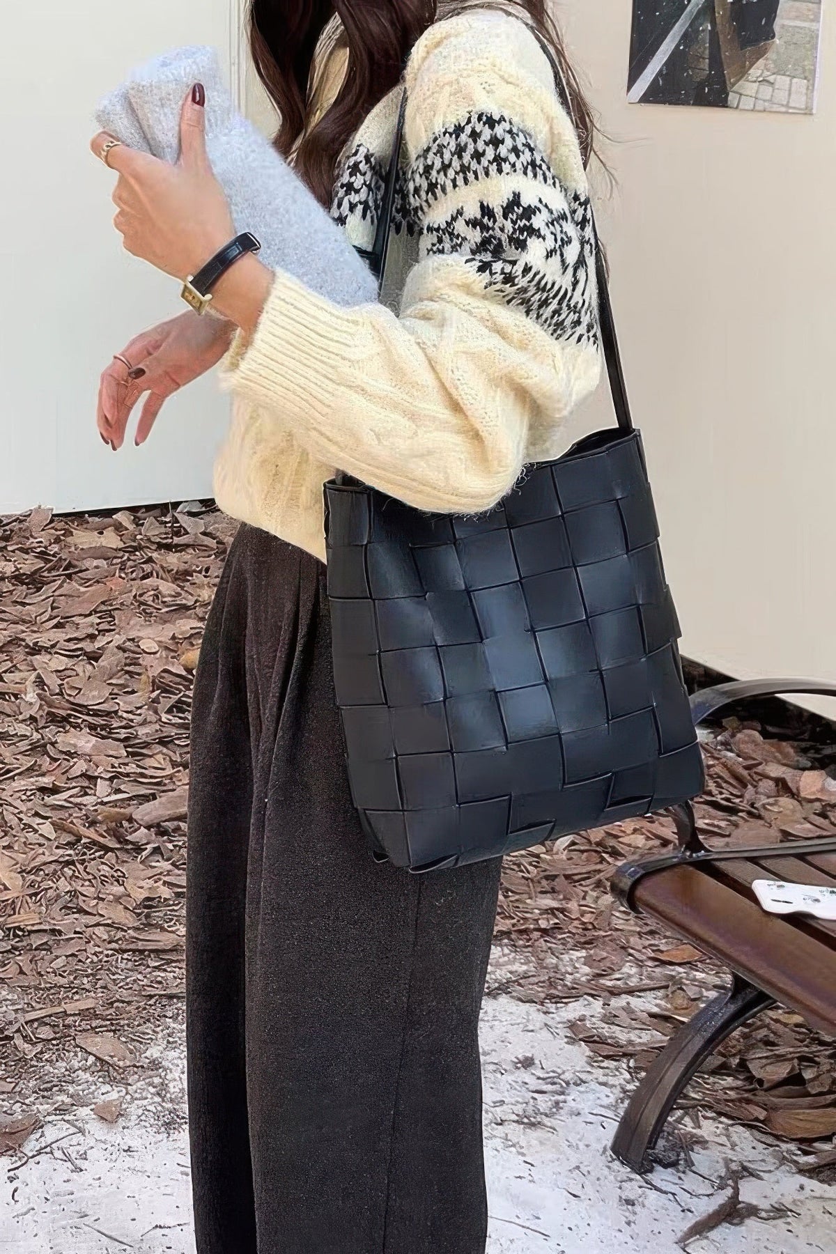 Faux Leather Braided Shoulder Bag W Pouch
