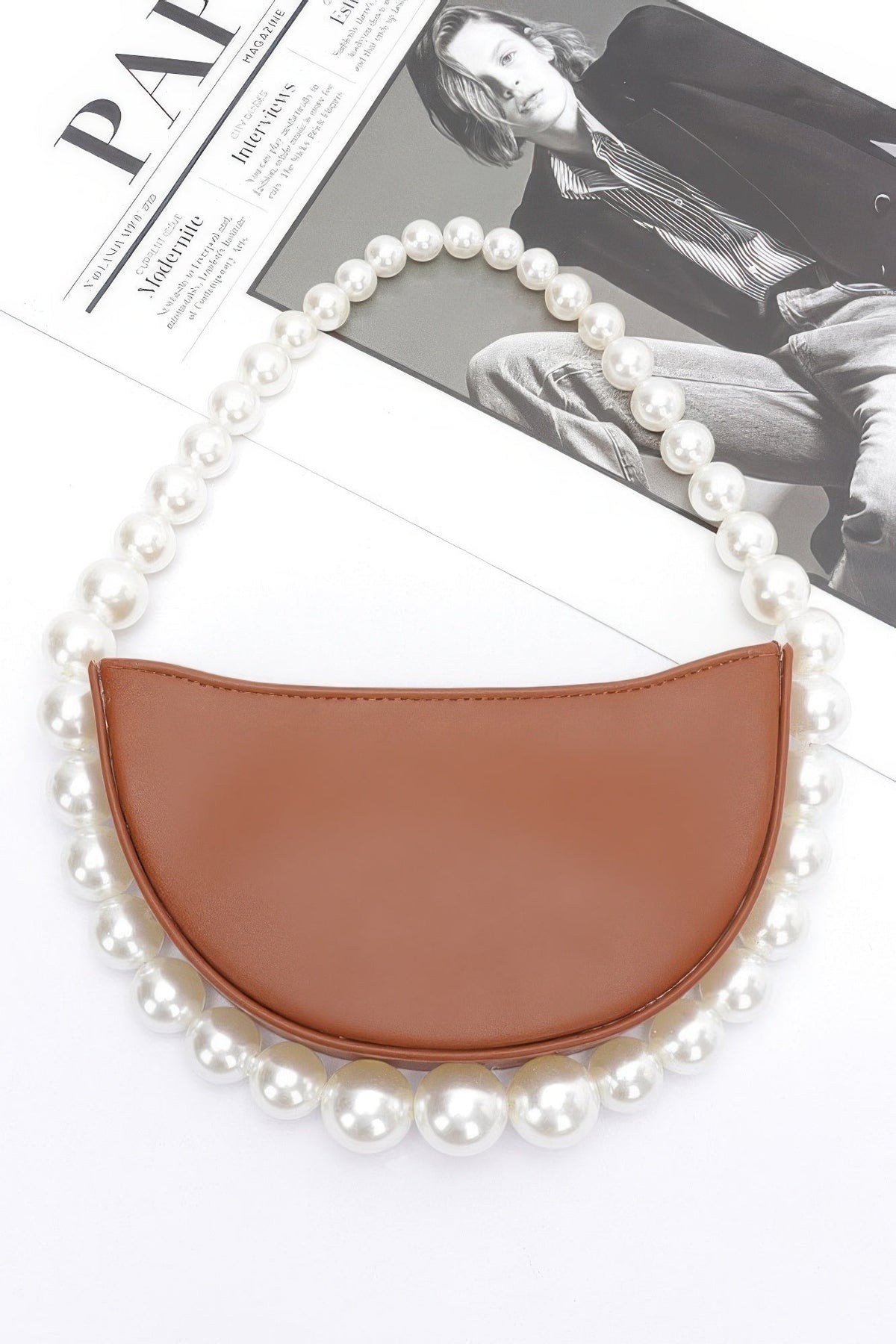 Faux Pearl Handle Half Moon Bag