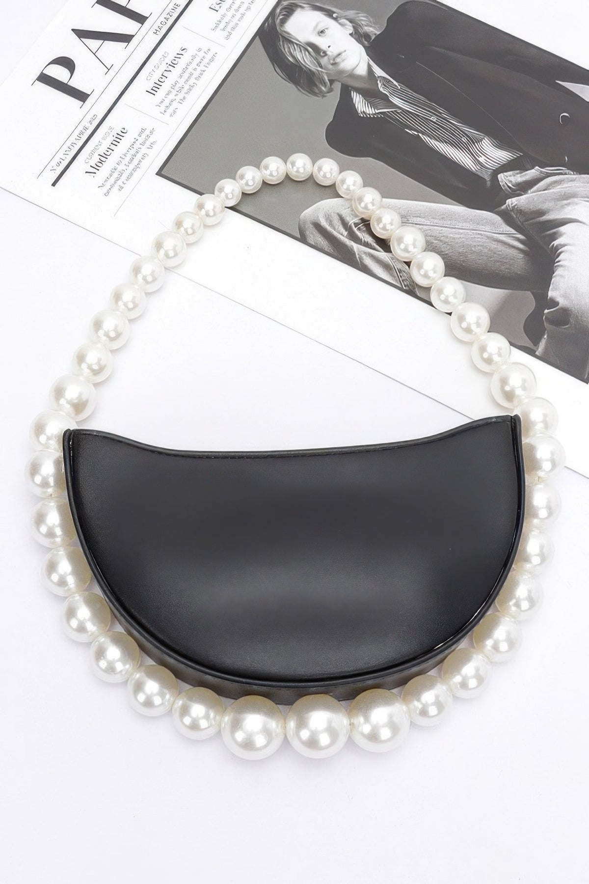 Faux Pearl Handle Half Moon Bag
