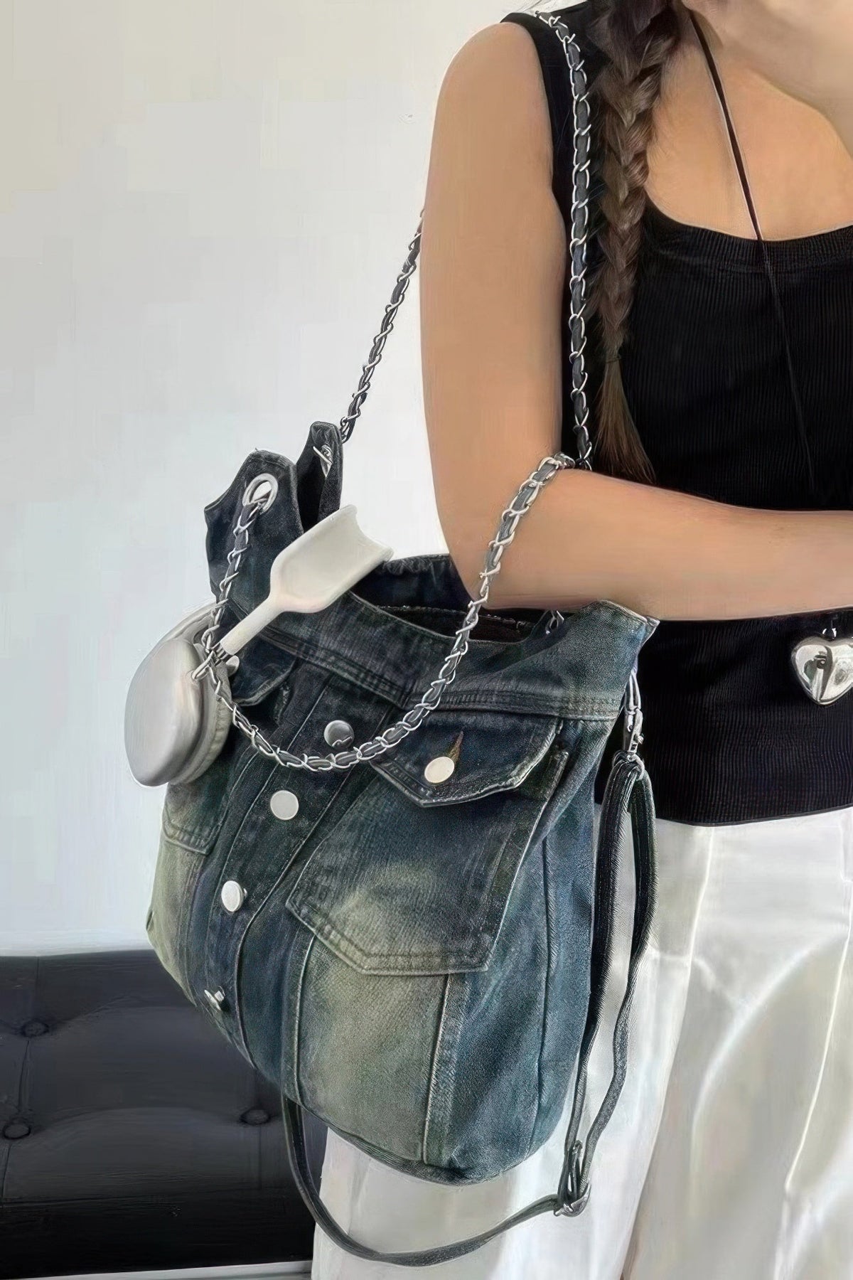 Washed Denim Double Pockets Tote Bag