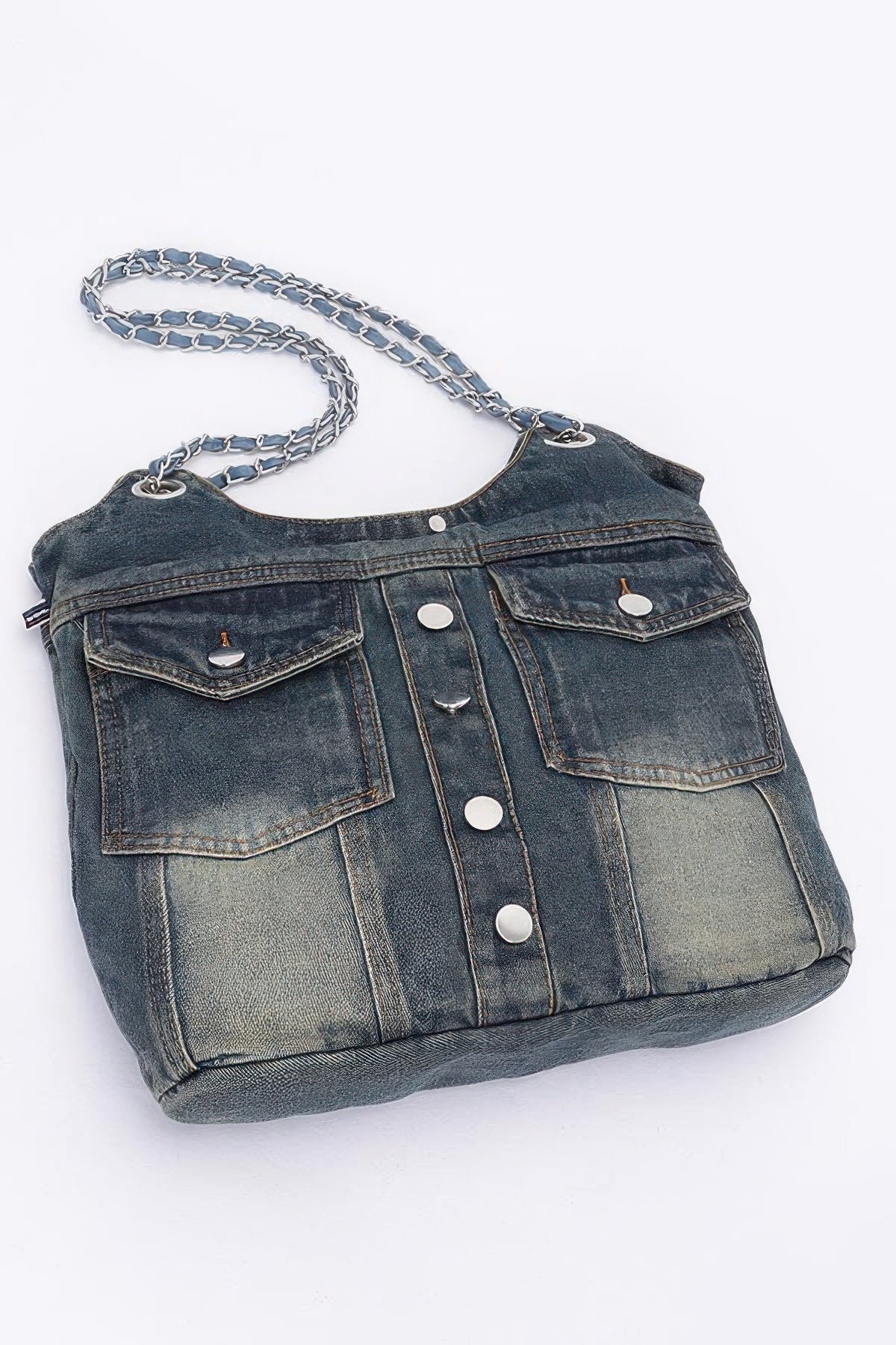 Washed Denim Double Pockets Tote Bag