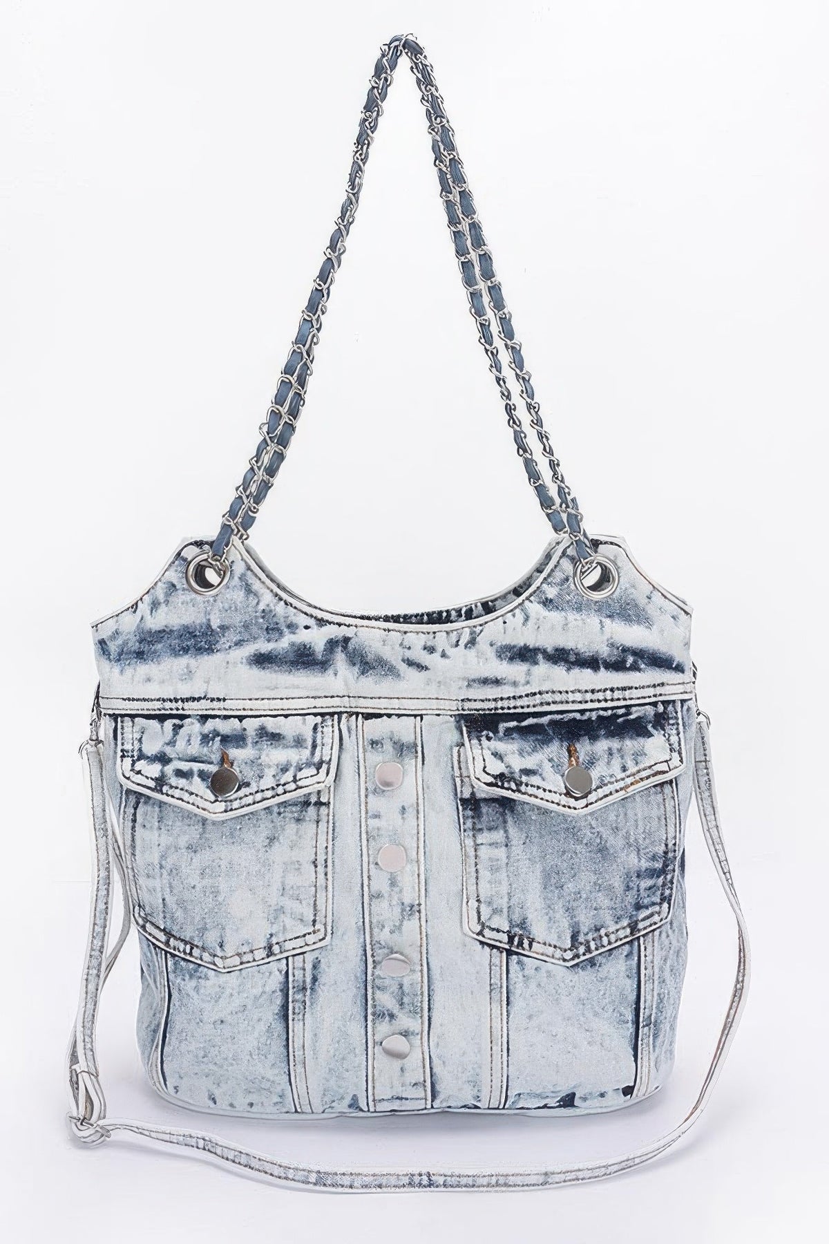 Washed Denim Double Pockets Tote Bag