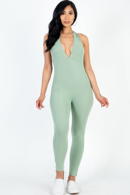 Halter V Neck Ribbed Bodycon Jumpsuit