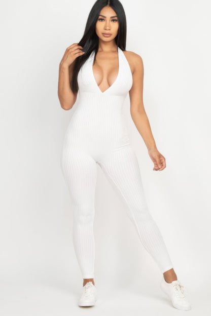 Halter V Neck Ribbed Bodycon Jumpsuit
