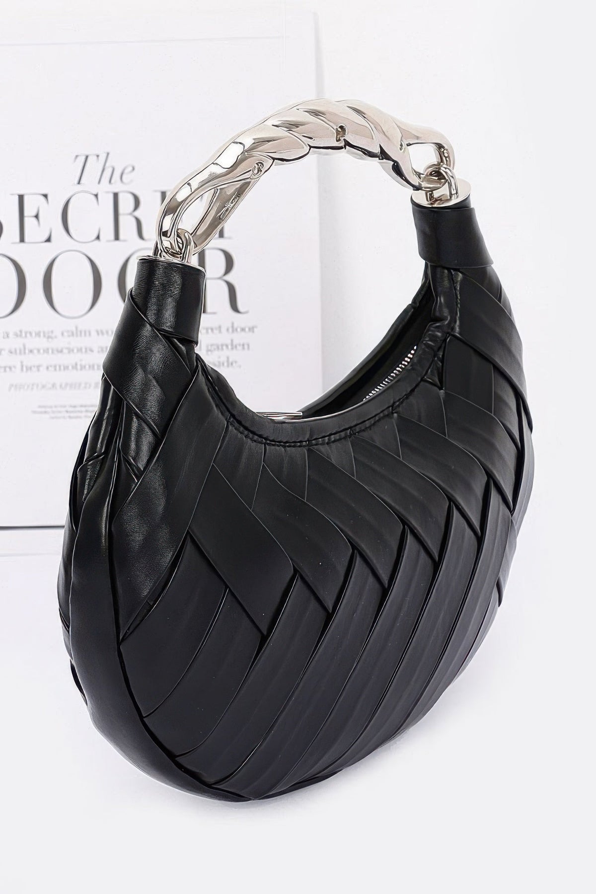 Faux Leather Braided Metal Handle Clutch