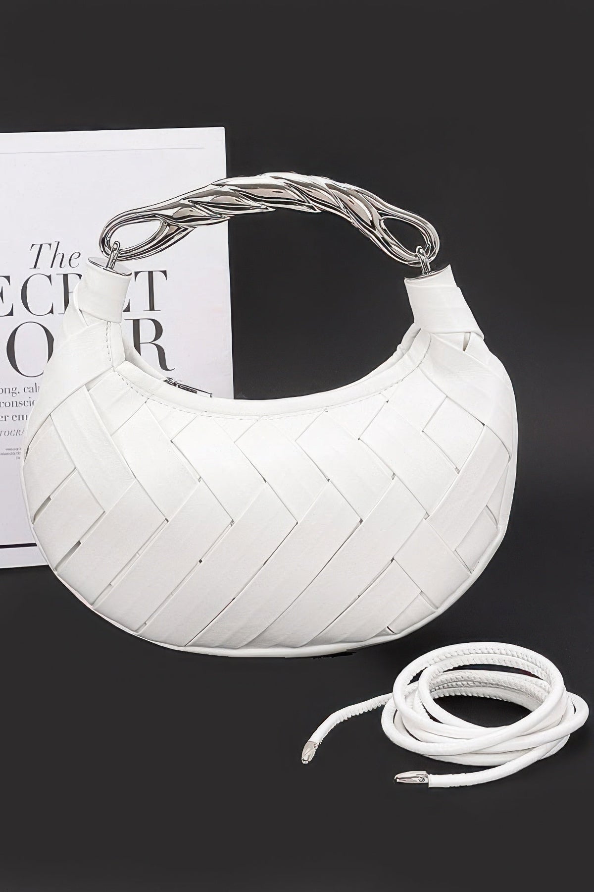 Faux Leather Braided Metal Handle Clutch