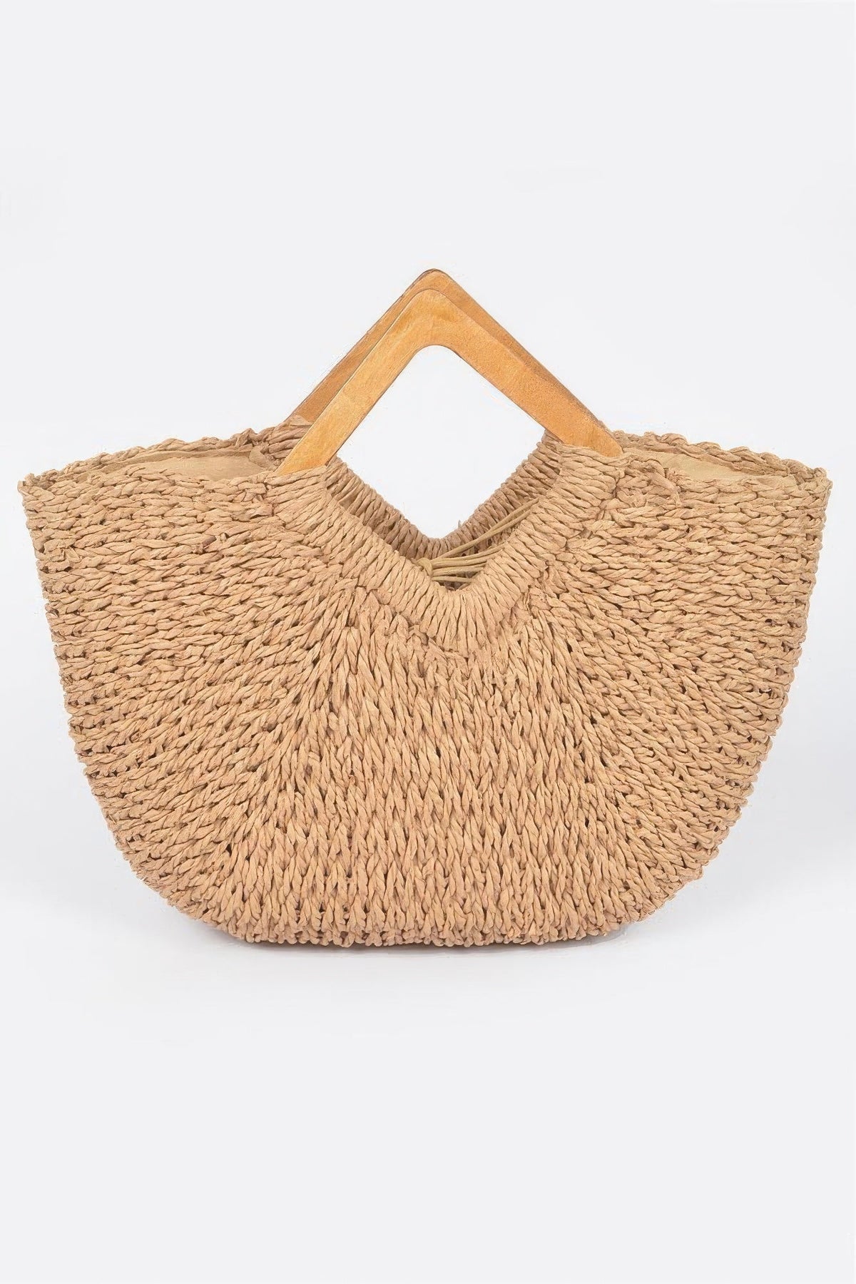 Faux Straw Wood Handle Tote Bag