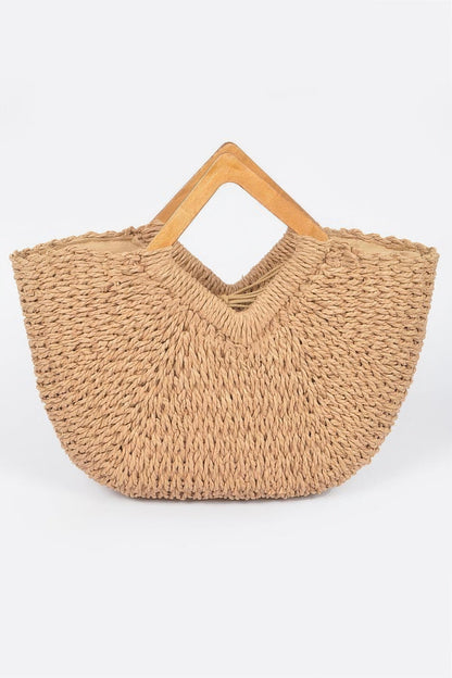 Faux Straw Wood Handle Tote Bag