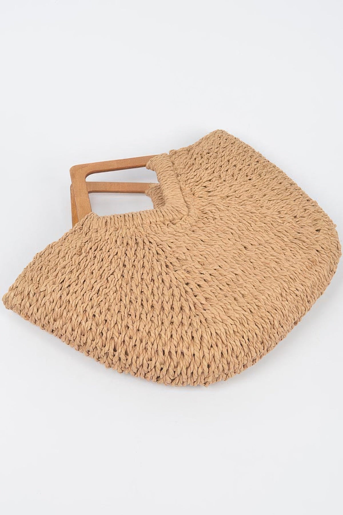 Faux Straw Wood Handle Tote Bag