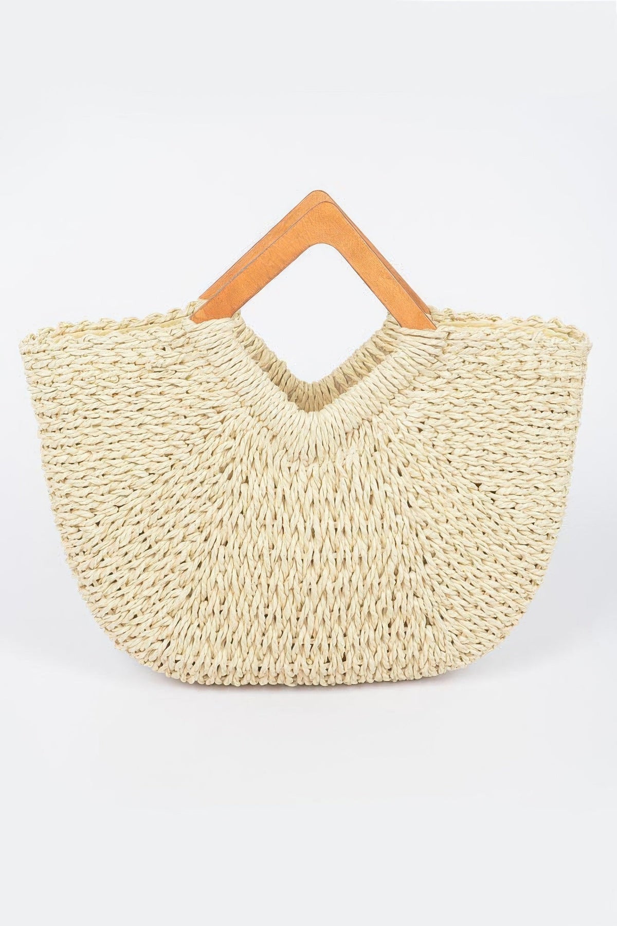 Faux Straw Wood Handle Tote Bag