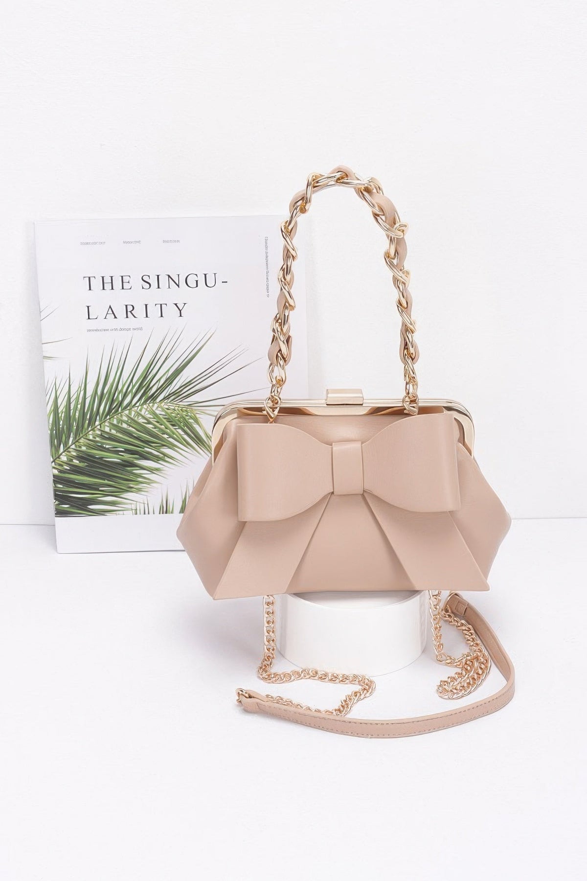 Faux Leather Ribbon Chain Handle Party Clutch