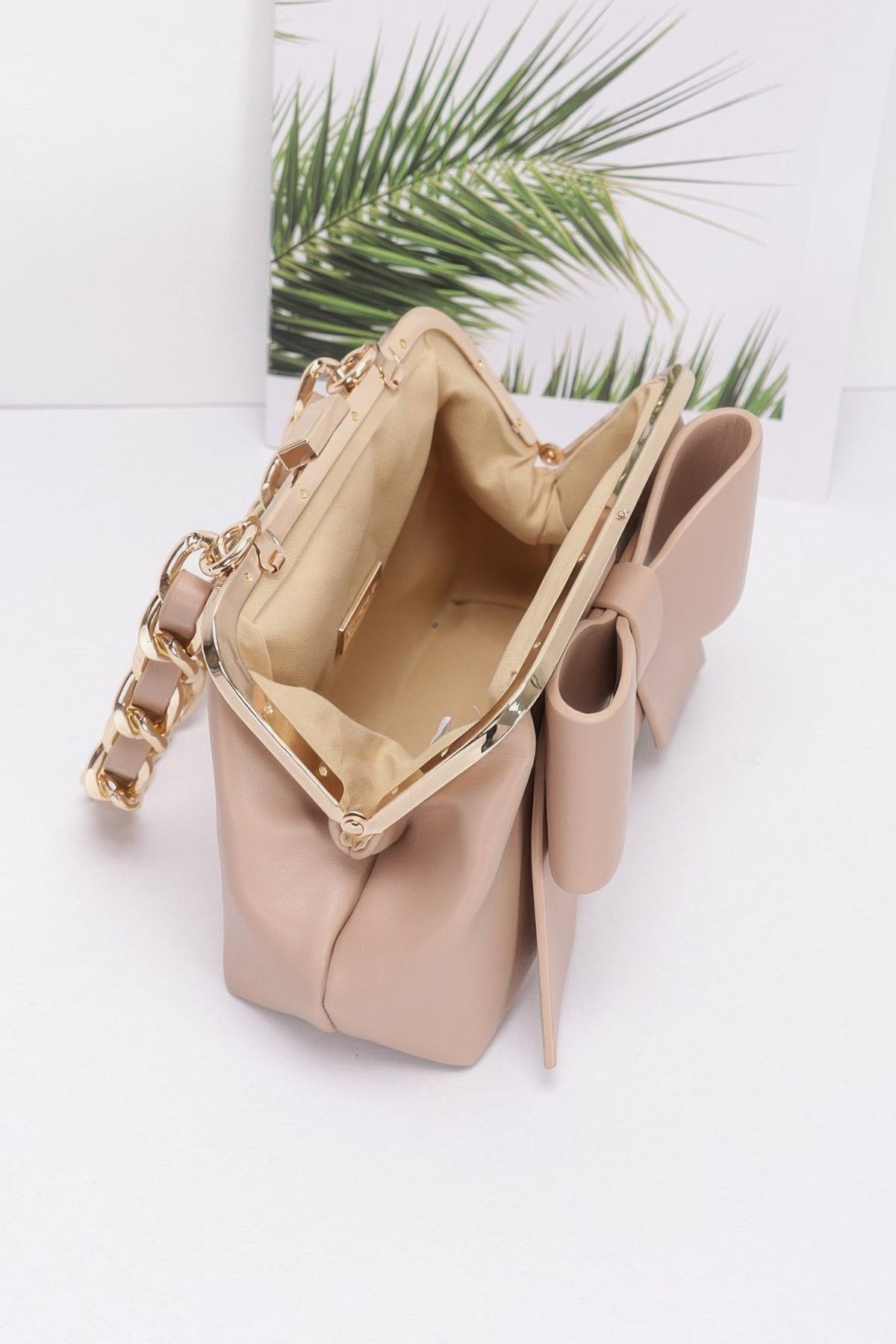 Faux Leather Ribbon Chain Handle Party Clutch