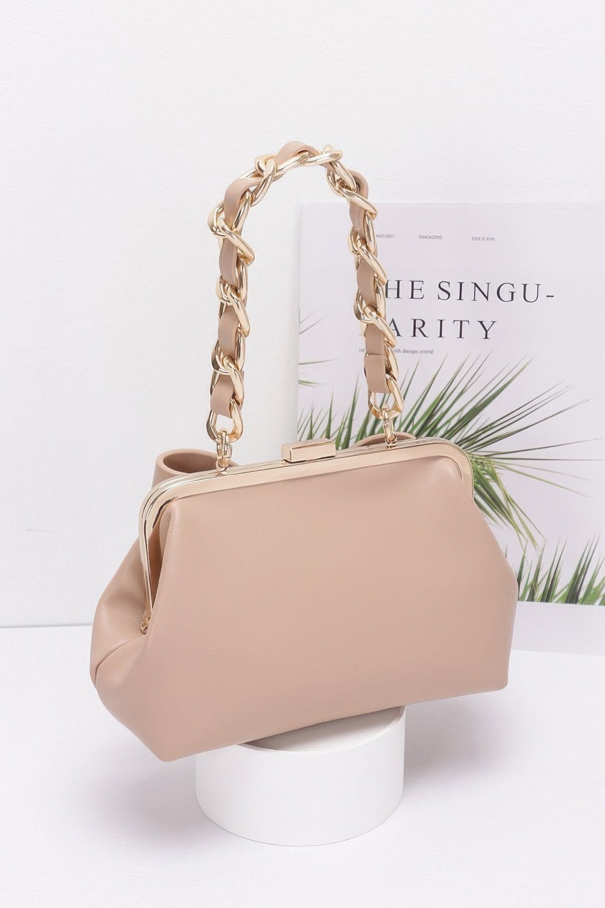 Faux Leather Ribbon Chain Handle Party Clutch