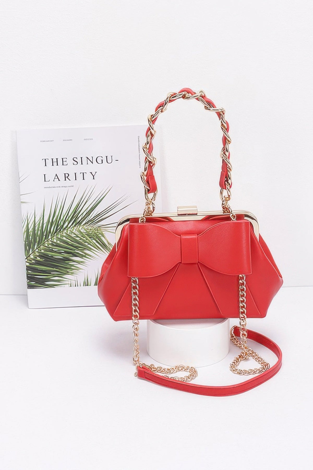 Faux Leather Ribbon Chain Handle Party Clutch