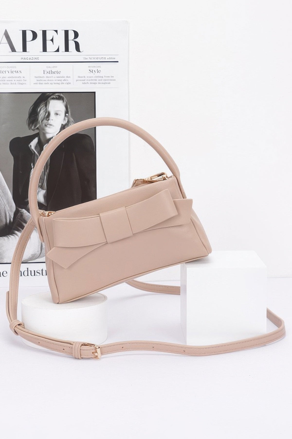 Faux Leather Ribbon Top Handle Clutch
