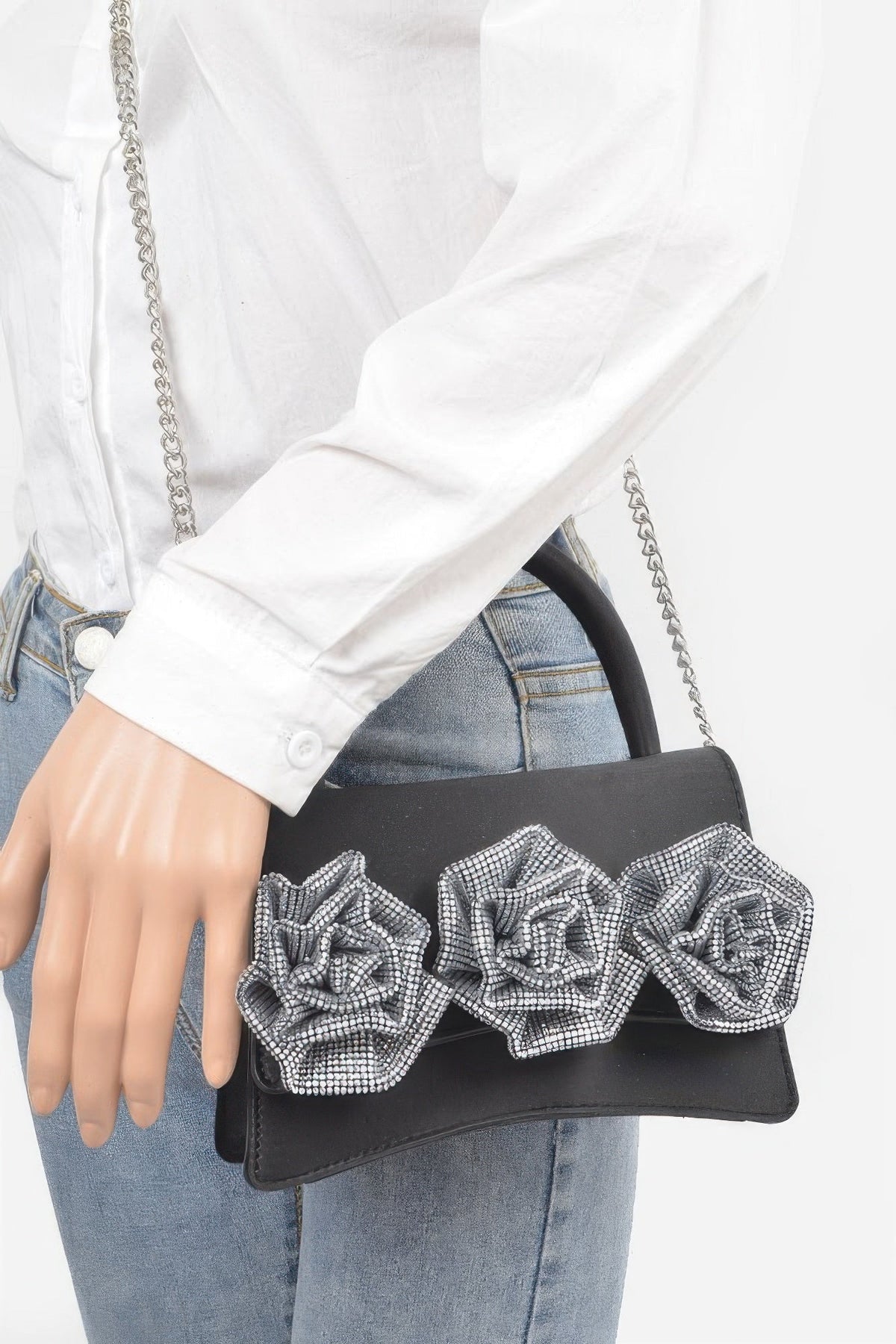 Faux Leather Rhinestone Hot Fix Flower Bag