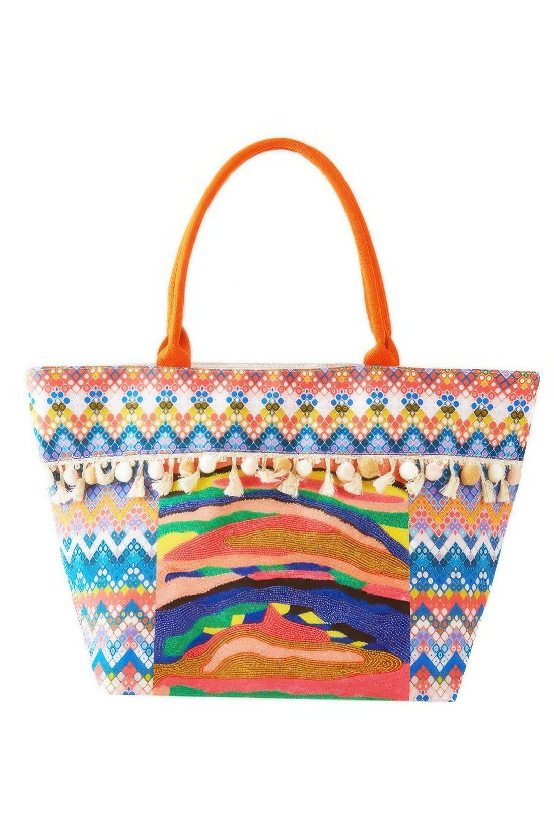 Boho Print Pom Pom Fringe Tote Bag