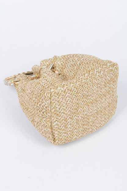 Faux Straw Bucket Bag W/stone Handle