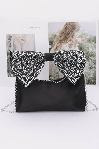 Rhinestone Hotfix Bow Handle Nylon Clutch