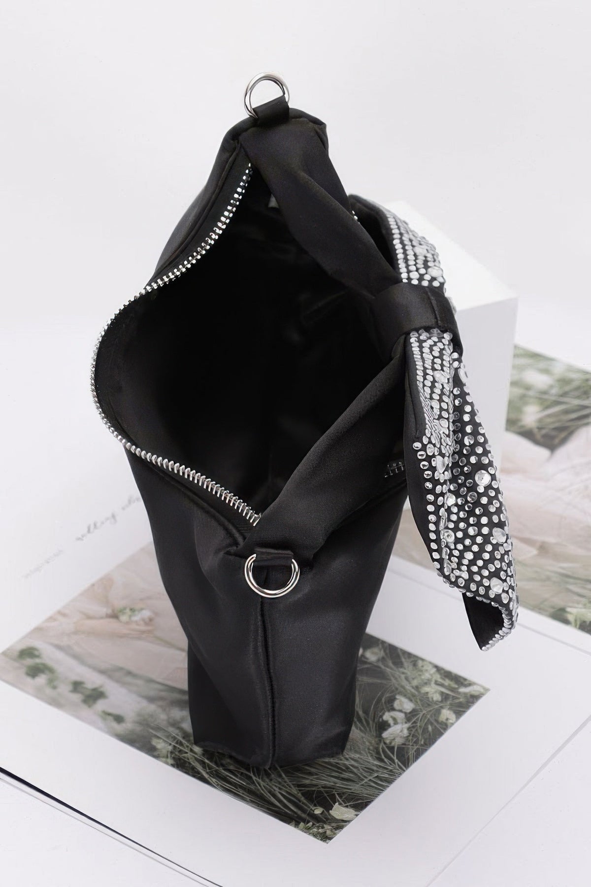 Rhinestone Hotfix Bow Handle Nylon Clutch