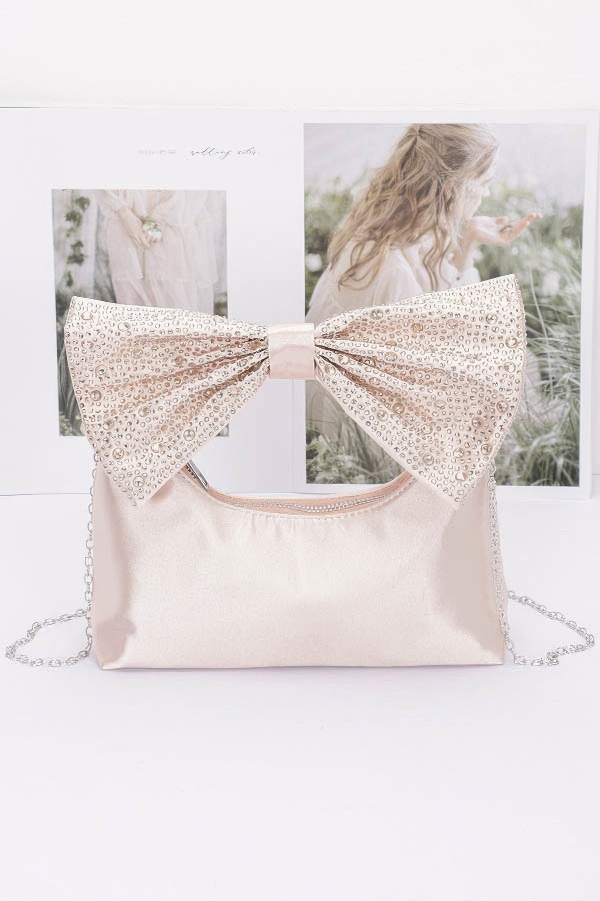 Rhinestone Hotfix Bow Handle Nylon Clutch