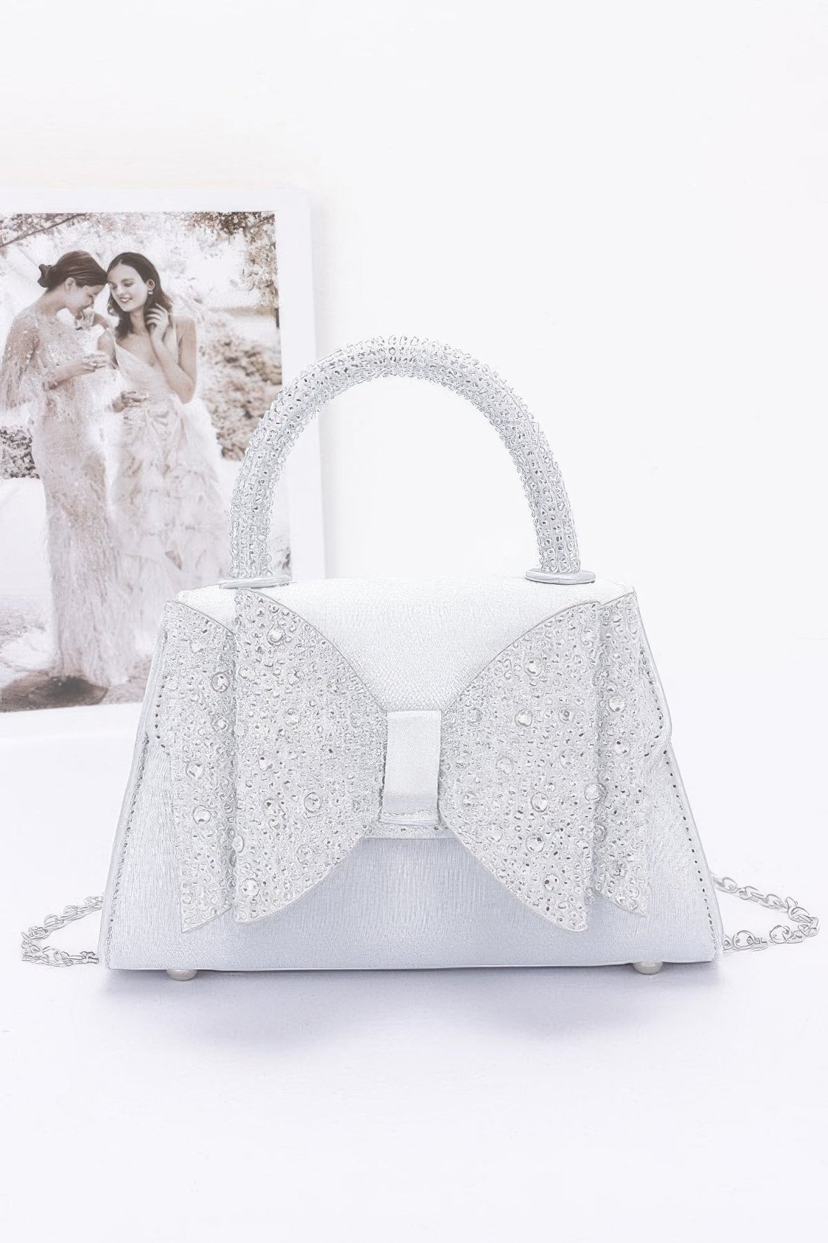 Rhinestone Ribbon Top Handle Satin Flap Bag