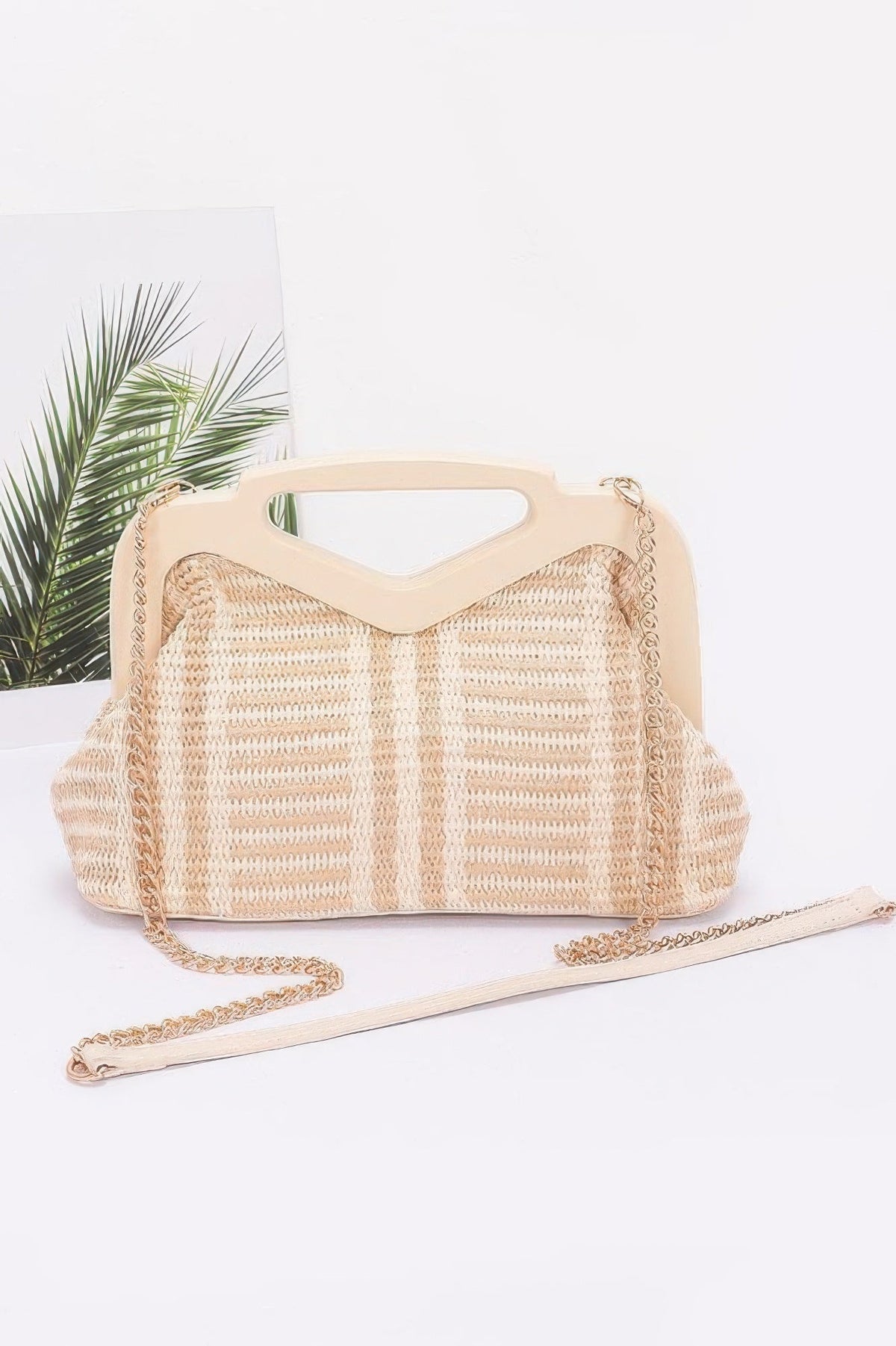 Faux Straw Wood Frame Clutch