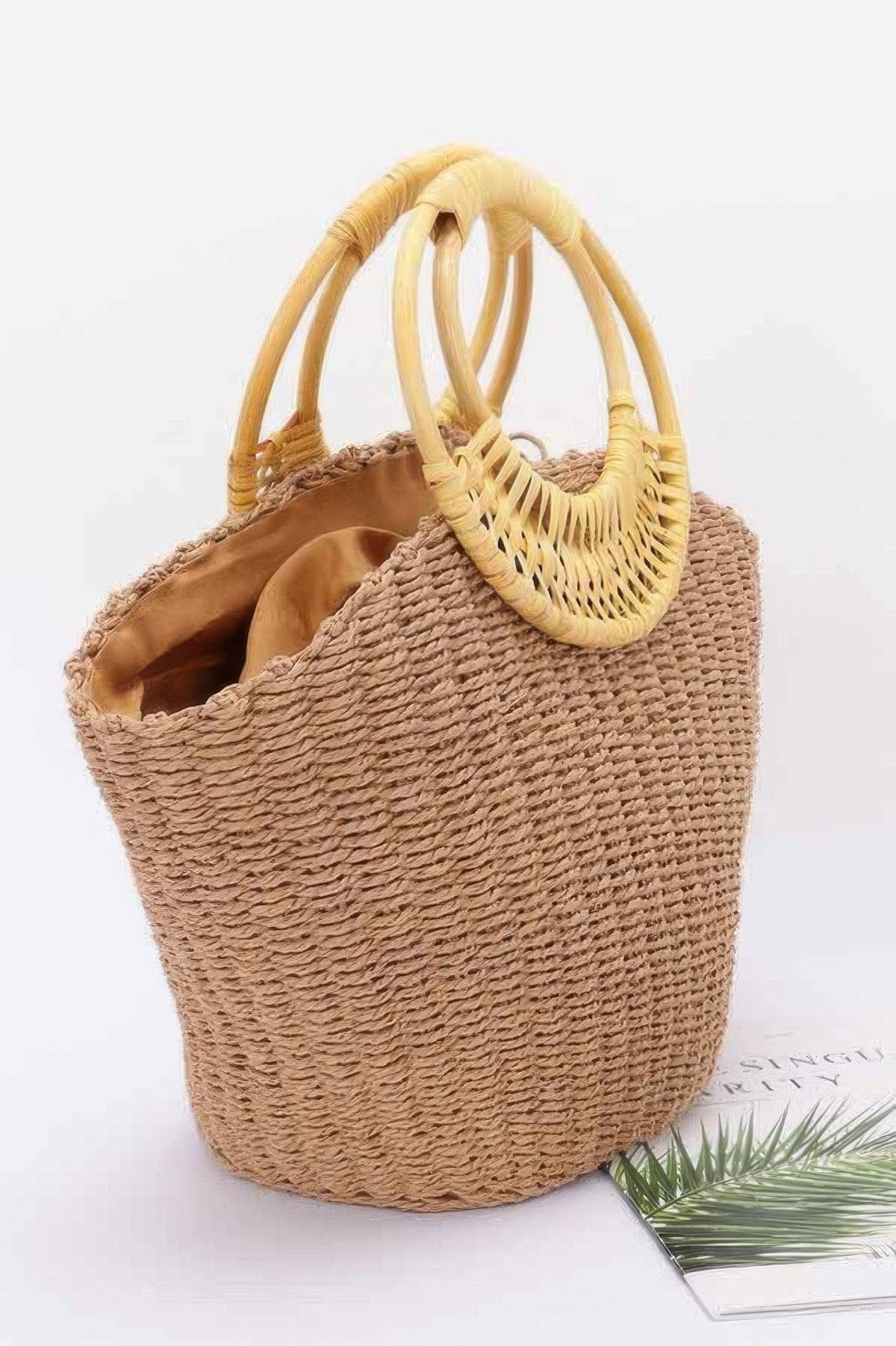 Faux Straw Bamboo Handle Tote Bag