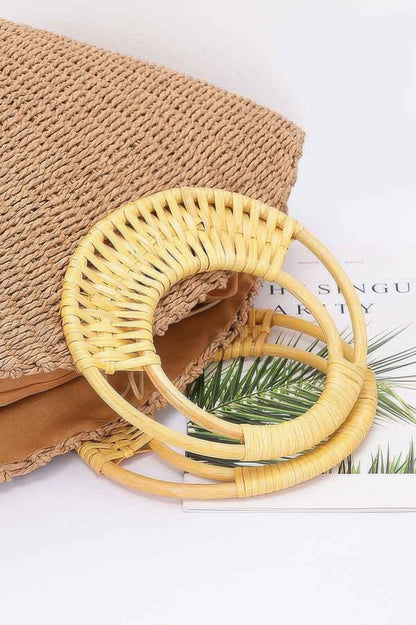 Faux Straw Bamboo Handle Tote Bag