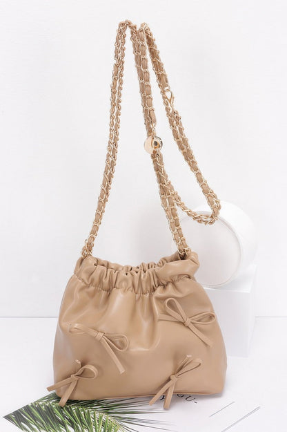 Faux Leather Multi Ribbon Bucket Chaincrossbodybag