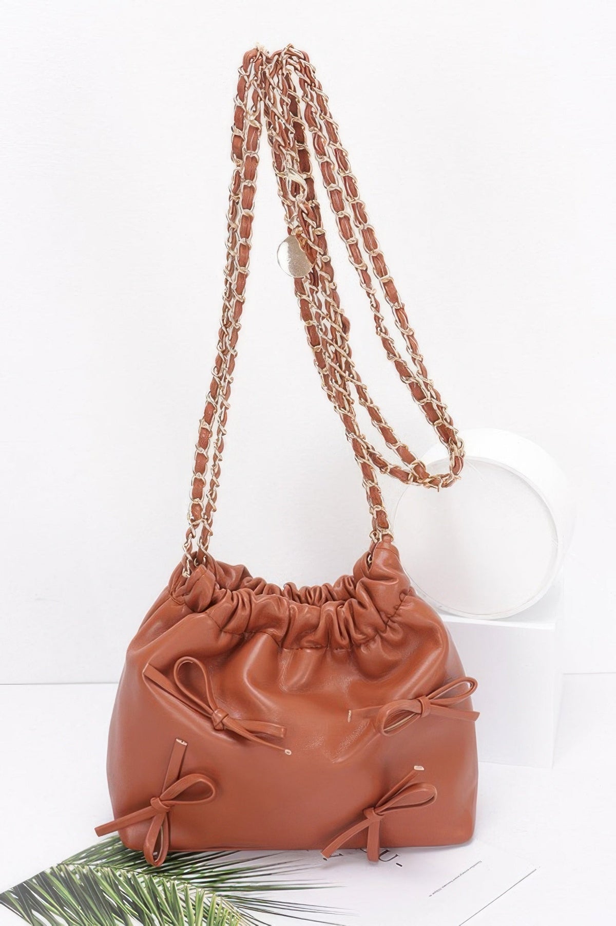 Faux Leather Multi Ribbon Bucket Chaincrossbodybag
