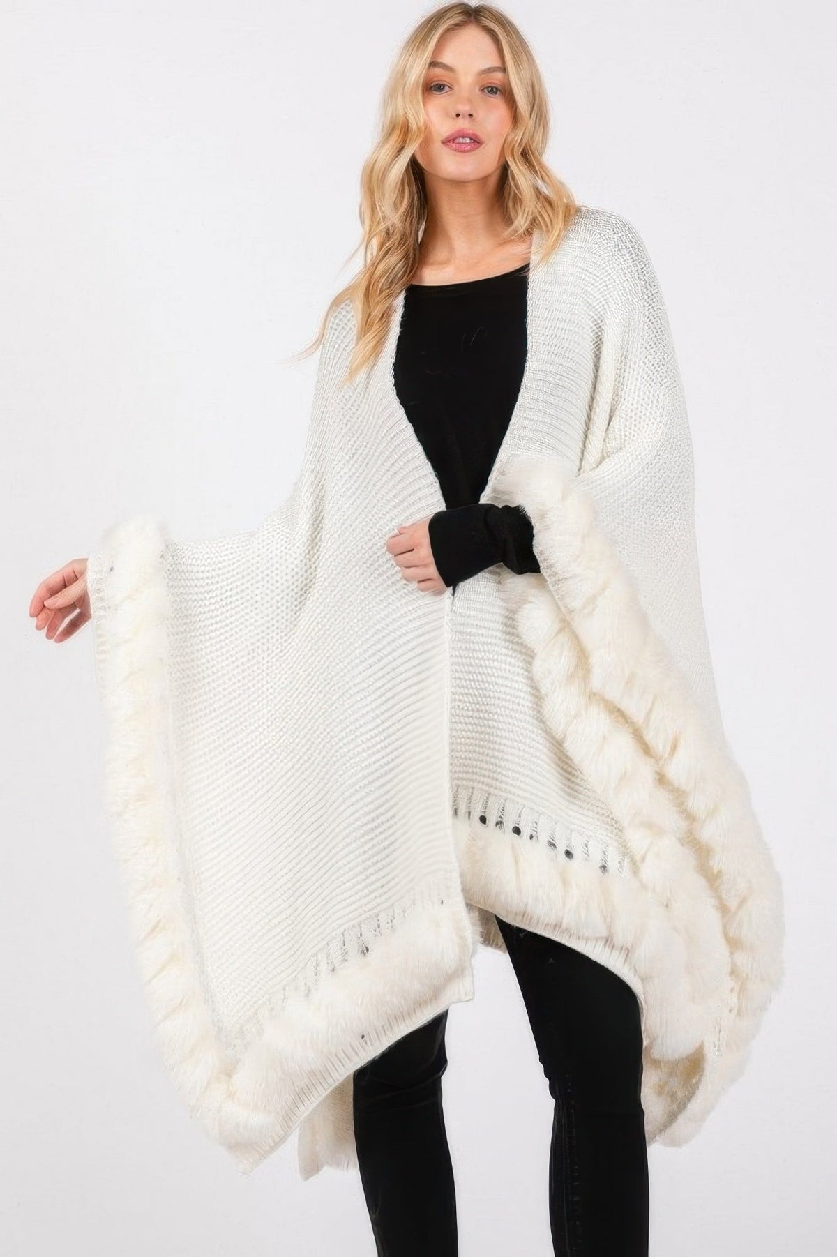 Faux Fur Trim Cape With Closure