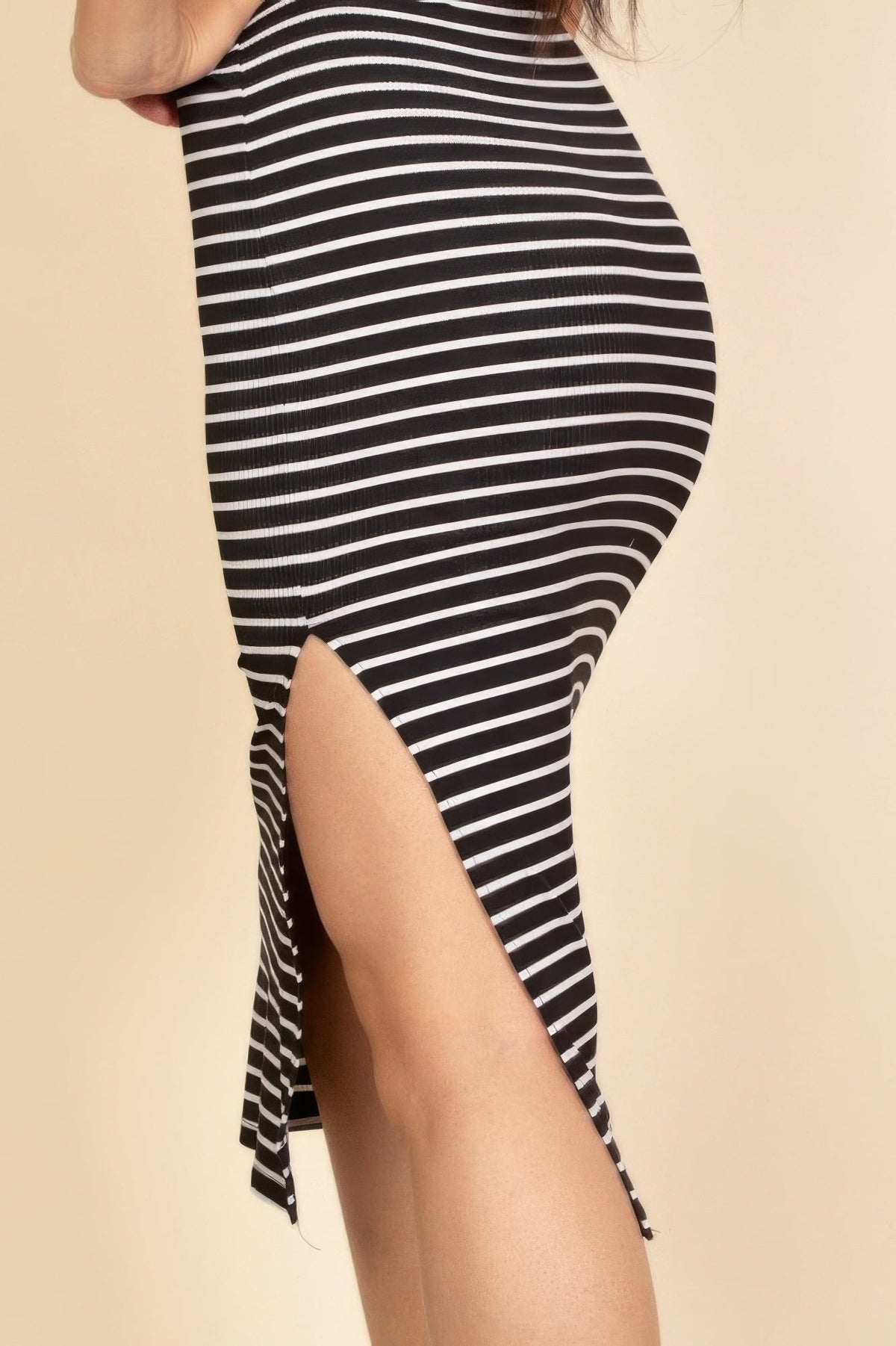 Ribbed Striped Sleeveless Midi Dress With Side Slit