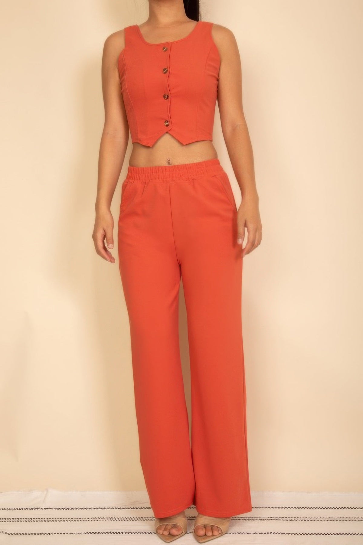 Scoop Neck Button Vest &amp; Wide Leg Pants Set