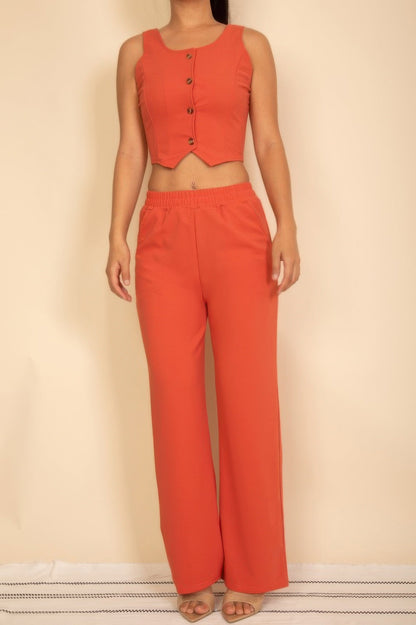 Scoop Neck Button Vest &amp; Wide Leg Pants Set